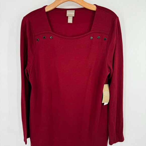 Chicos 1 Womens top Red Long Sleeve Button destail Size medium knit long sleeve - Picture 4 of 12